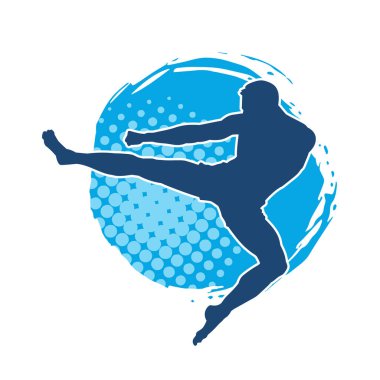 Dövüş sanatları pozu veren bir erkeğin silueti. Dövüş sanatları ustasının silueti tekme atma pozu veriyor..