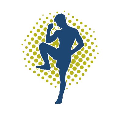 Hareketli erkek kickboksör atletinin silueti. Tekme atan bir adamın silueti..