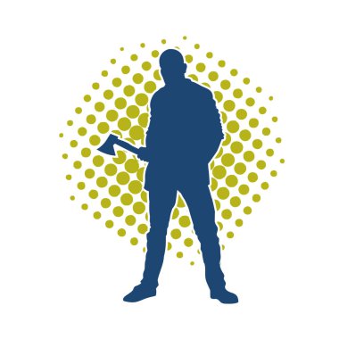 Balta taşıyan bir adamın silüeti. Balta taşıyan erkek bir oduncunun silueti..