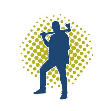 Balta taşıyan bir adamın silüeti. Balta taşıyan erkek bir oduncunun silueti..