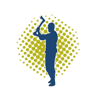 Balta taşıyan bir adamın silüeti. Balta taşıyan erkek bir oduncunun silueti..