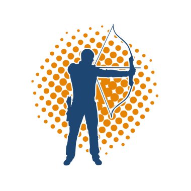 Hareketli erkek okçu savaşçısının silueti. Okçuluk silahı taşıyan bir adamın silueti..