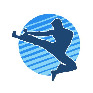 Dövüş sanatları pozu veren bir erkeğin silueti. Dövüş sanatları ustasının silueti tekme atma pozu veriyor..