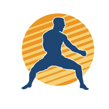 Doğu dövüş sanatı pozu veren bir adamın silueti. Dövüş sanatlarında bir erkeğin silueti..