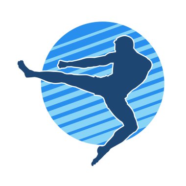 Dövüş sanatları pozu veren bir erkeğin silueti. Dövüş sanatları ustasının silueti tekme atma pozu veriyor..