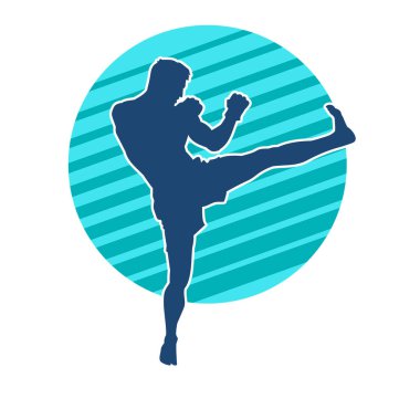 Hareketli erkek kickboksör atletinin silueti. Tekme atan bir adamın silueti..