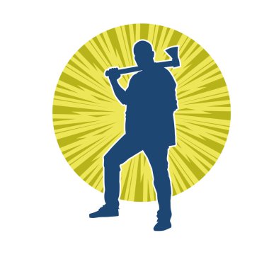 Balta taşıyan bir adamın silüeti. Balta taşıyan erkek bir oduncunun silueti..