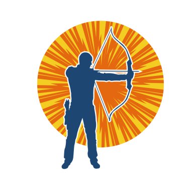 Hareketli erkek okçu savaşçısının silueti. Okçuluk silahı taşıyan bir adamın silueti..