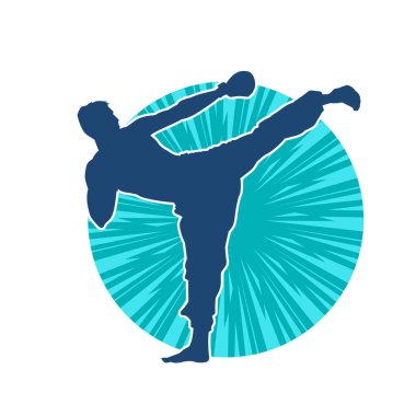 Dövüş sanatları pozu veren bir erkeğin silueti. Dövüş sanatları ustasının silueti tekme atma pozu veriyor..