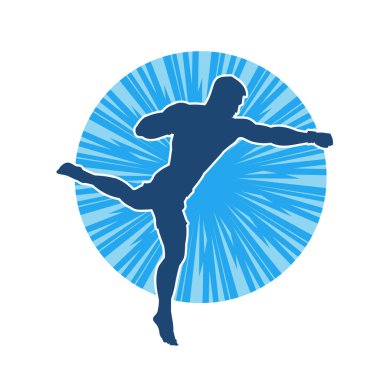 Doğu dövüş sanatı pozu veren bir adamın silueti. Dövüş sanatlarında bir erkeğin silueti..