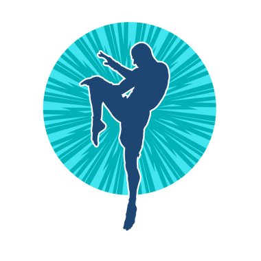 Hareketli erkek kickboksör atletinin silueti. Tekme atan bir adamın silueti..