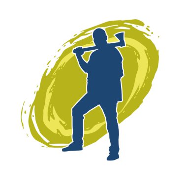 Balta taşıyan bir adamın silüeti. Balta taşıyan erkek bir oduncunun silueti..