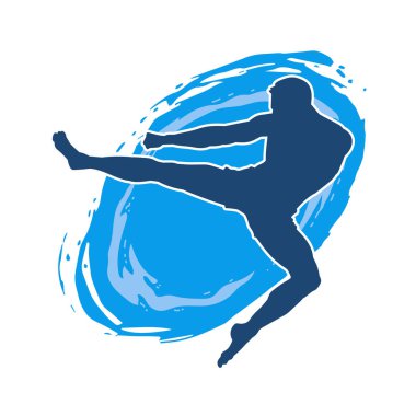 Dövüş sanatları pozu veren bir erkeğin silueti. Dövüş sanatları ustasının silueti tekme atma pozu veriyor..