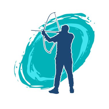 Hareketli erkek okçu savaşçısının silueti. Okçuluk silahı taşıyan bir adamın silueti..