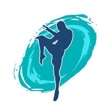 Hareketli erkek kickboksör atletinin silueti. Tekme atan bir adamın silueti..