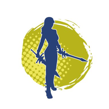 Bir kadın dövüşçünün silueti kılıç taşırken poz veriyor..