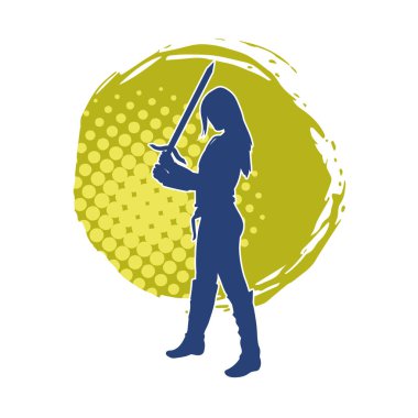 Bir kadın dövüşçünün silueti kılıç taşırken poz veriyor..