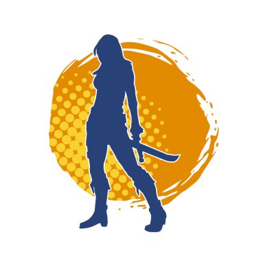 Bir kadın dövüşçünün silueti kılıç taşırken poz veriyor..