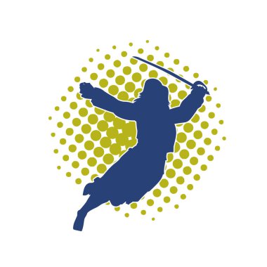 Bir kadın dövüşçünün silueti kılıç taşırken poz veriyor..