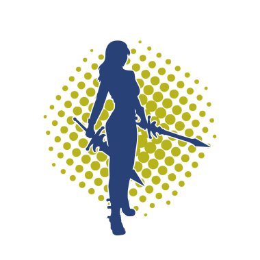 Bir kadın dövüşçünün silueti kılıç taşırken poz veriyor..