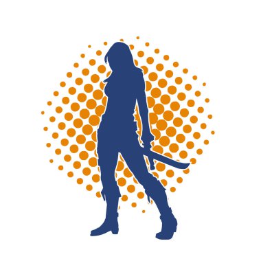 Bir kadın dövüşçünün silueti kılıç taşırken poz veriyor..