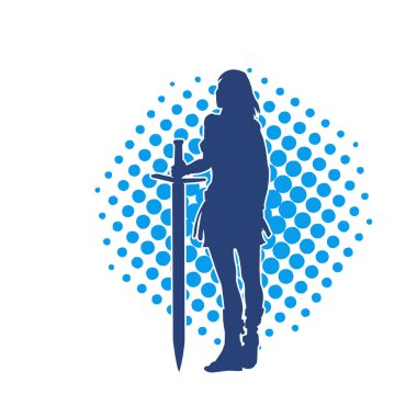 Bir kadın dövüşçünün silueti kılıç taşırken poz veriyor..