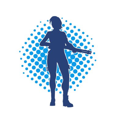 Uzun namlulu tüfek taşıyan bir kadın savaşçının silüeti. Silah taşıyan bir kadın dövüşçünün silueti.