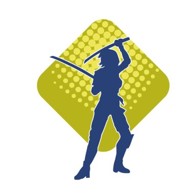 Bir kadın dövüşçünün silueti kılıç taşırken poz veriyor..