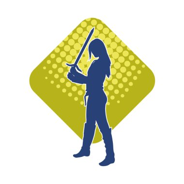 Bir kadın dövüşçünün silueti kılıç taşırken poz veriyor..