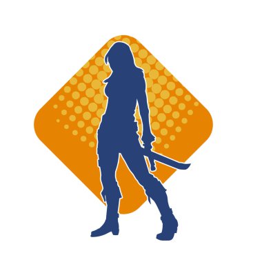 Bir kadın dövüşçünün silueti kılıç taşırken poz veriyor..