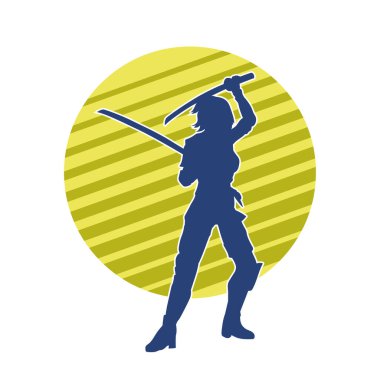 Bir kadın dövüşçünün silueti kılıç taşırken poz veriyor..