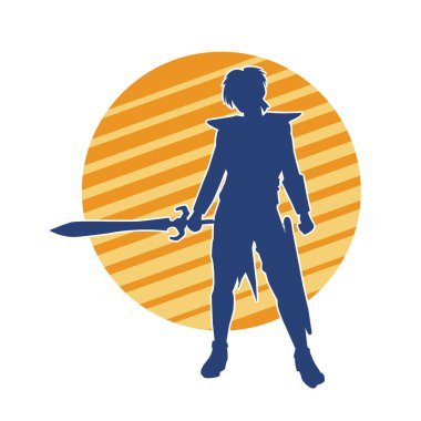 Bir kadın dövüşçünün silueti kılıç taşırken poz veriyor..