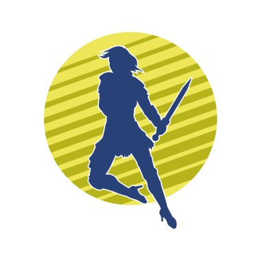 Bir kadın dövüşçünün silueti kılıç taşırken poz veriyor..