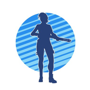 Uzun namlulu tüfek taşıyan bir kadın savaşçının silüeti. Silah taşıyan bir kadın dövüşçünün silueti.