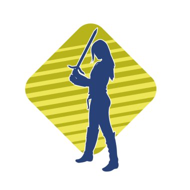 Bir kadın dövüşçünün silueti kılıç taşırken poz veriyor..