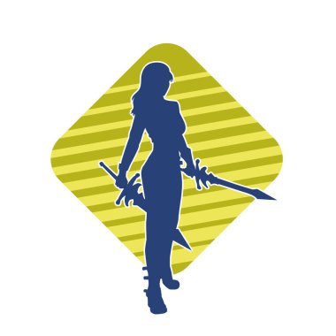 Bir kadın dövüşçünün silueti kılıç taşırken poz veriyor..