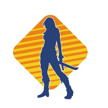 Bir kadın dövüşçünün silueti kılıç taşırken poz veriyor..