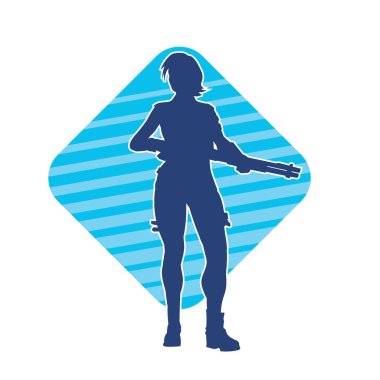 Uzun namlulu tüfek taşıyan bir kadın savaşçının silüeti. Silah taşıyan bir kadın dövüşçünün silueti.