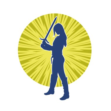 Bir kadın dövüşçünün silueti kılıç taşırken poz veriyor..