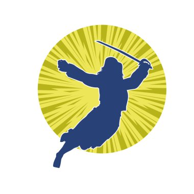 Bir kadın dövüşçünün silueti kılıç taşırken poz veriyor..