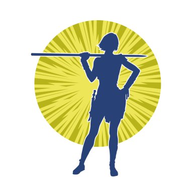 İnce bir kadın dövüşçünün silueti asa silahıyla ayakta duruyor. İnce bir kadın savaşçı silueti sopa tabancası taşıyor..