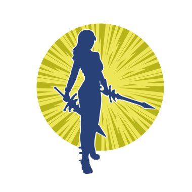 Bir kadın dövüşçünün silueti kılıç taşırken poz veriyor..