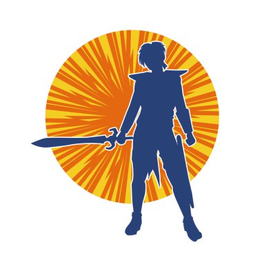 Bir kadın dövüşçünün silueti kılıç taşırken poz veriyor..