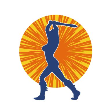 Bir kadın dövüşçünün silueti kılıç taşırken poz veriyor..