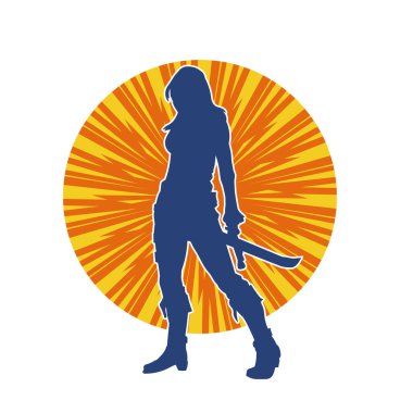 Bir kadın dövüşçünün silueti kılıç taşırken poz veriyor..