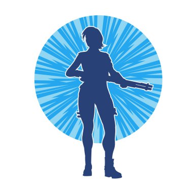 Uzun namlulu tüfek taşıyan bir kadın savaşçının silüeti. Silah taşıyan bir kadın dövüşçünün silueti.
