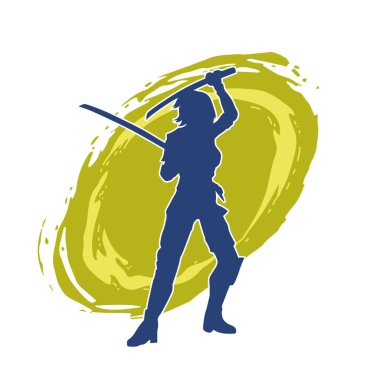 Bir kadın dövüşçünün silueti kılıç taşırken poz veriyor..