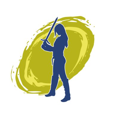 Bir kadın dövüşçünün silueti kılıç taşırken poz veriyor..