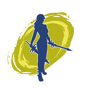 Bir kadın dövüşçünün silueti kılıç taşırken poz veriyor..