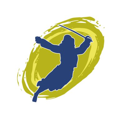 Bir kadın dövüşçünün silueti kılıç taşırken poz veriyor..